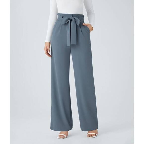 Halara Pants - NWT Halara High Waisted Belted Pocket Wide Leg Work Pants Deep Sea Gray Blue XL